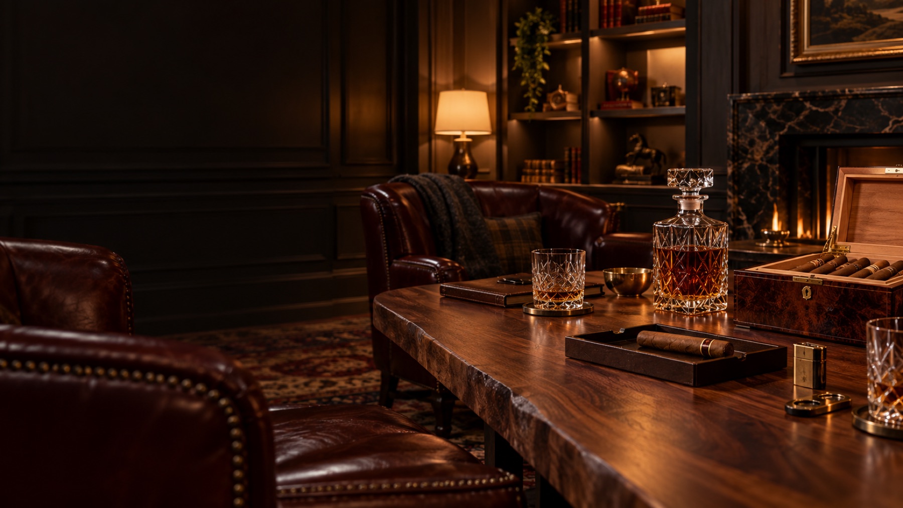 TPCC editorial photograph of a refined cigar lounge atmosphere; not a documentary image of Grand Cathedral Cigars